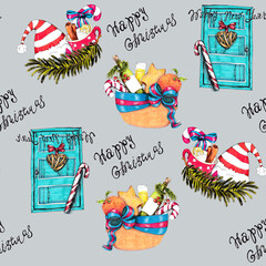 watercolor illustration seamless pattern,Christmas print with blue door,lollipop,basket with gifts and ribbon,lettering