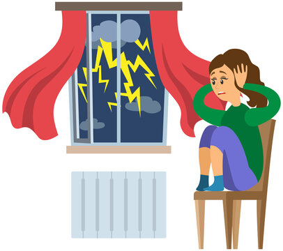 Terrified lady shocked by thunder and lightning. Woman frightened by thunderstorm. Person suffers from astraphobia. Fear of storm, phobia, horror. Character looks at rainy weather outside window