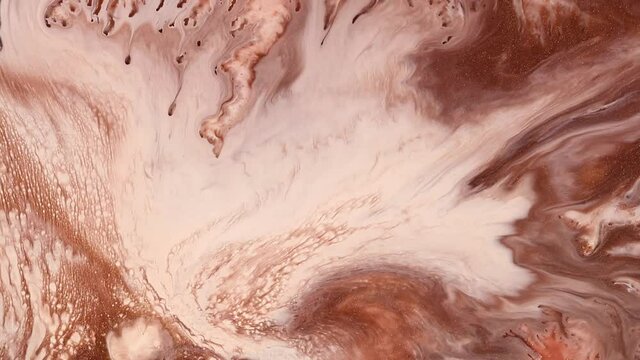 Fluid art drawing video, abstract acrylic texture with colorful waves. Mocha mousse color of the year 2024. Detailed background motion with brown, beige and caramel overflowing colors.