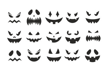 October party scary black clipart collection, spooky pumpkins facial expression, smiling ghost face on Halloween party isolated on white. Halloween pumpkin jack-o-lantern faces vector illustration
