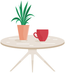 Dining or coffee table, furniture with cup of hot beverage and houseplant isolated on white background. Table and espresso drink with potted plant symbol element of modern room interior design