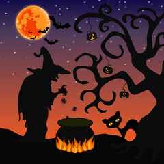 Vector for silhouette Halloween night with a witch is concoct poison by throwing spider into a cauldron on fire with black cat and pumpkin hanging from a tree and bat flying in the sky on full moon.