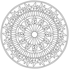 Linear mandala with carved leaves and multi-petaled flower in the center, coloring page with plant elements