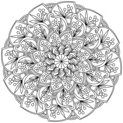 Ornate mandala with sprigs of berries and leaves, meditative coloring page with plant motifs