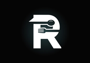 Initial R monogram alphabet with a fork, spoon. Font emblem. Modern vector logo for cafe, restaurant, cooking business, and company identity