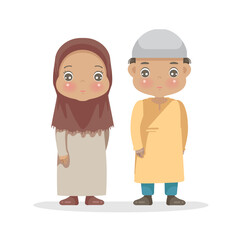 lmuslim kids. ittle boy and little girl three to five year olds. full body kindergarten cartoon character of male and female. 