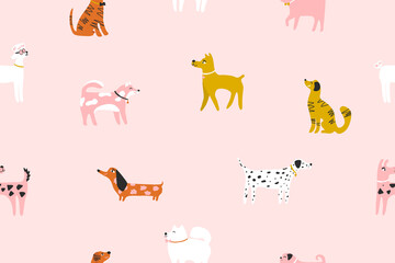 Seamless pattern with cute dogs in collars with a bow ties: dachshund, terrier, doberman, samoyed, poodle, akita inu, labrador, dalmatian. Animal pattern for kids textile, fabric, wrapping paper. 