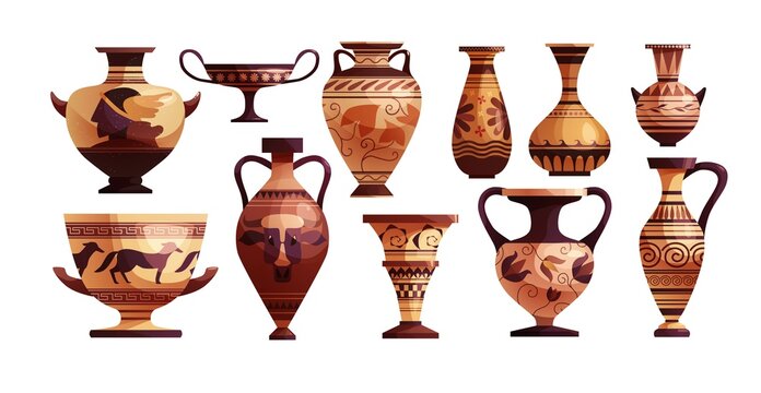 Antique Greek vase with decoration. Ancient traditional clay jar or pot for wine. Vector cartoon illustration.