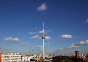 Fototapeta na wymiar The Fernsehturm, or Television Tower, in Alexanderplatz, Berlin, Germany
