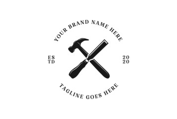 Rustic Crossed Hammer and Chisel for Carpenter or Woodworking Logo Design Vector