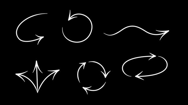 Set of animated hand drawn arrows and elements. Arrows, frames, circles, borders. White elements isolated on black background. In and out animation.
