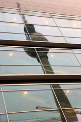 The Fernsehturm, or Television Tower, reflected in a palace, Berlin, Germany