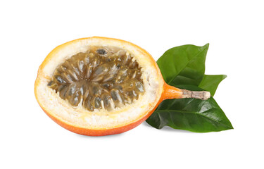 Half of delicious ripe granadilla with green leaves