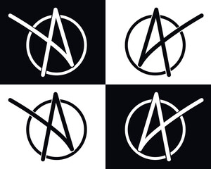 A or 4 circled around. to be used as a logo or signature. reminds symbol of anarchy or a half star. 