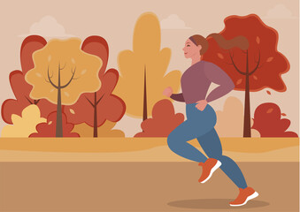 A girl in sportswear is jogging, runs outdoors. Landscape with a park or forest and a sunset on the background of a jogging road. Sports vector illustration, outdoor sports concept