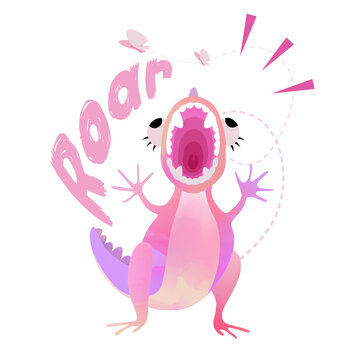 Cute pink funny Dinosaur girl with lettering Roar. Vector EPS 10.