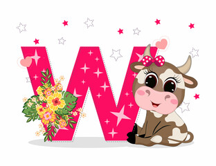 Cute Cartoon little baby beautiful cow girl with letter W. Perfect for greeting cards, party invitations, posters, stickers, pin, scrapbooking, icons.