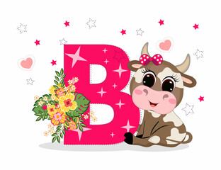 Cute Cartoon little baby beautiful cow girl with letter B. Perfect for greeting cards, party invitations, posters, stickers, pin, scrapbooking, icons.