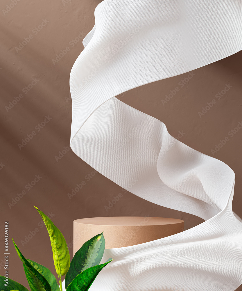 Poster Fabric flying white veil around podium with light and shadow beige color 3d rendering background, product display, object placement mockup, empty place for product presentation