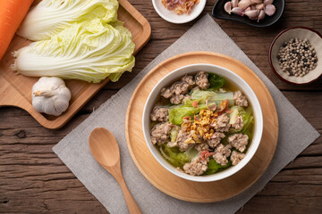 Clear Soup with Chinese Cabbage and Minced Pork (Kang Jued).Top view