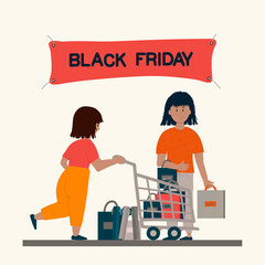 Black Friday vector banner. People on sale make purchases. A girl with a shopping basket and bags. Vector illustration