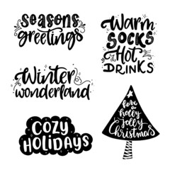 Black typography for Christmas cards design. Vintage hand drawn quote. Merry Christmas.