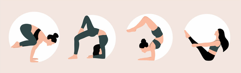Bundle of woman demonstrating various yoga positions isolated on light background. Colorful flat vector illustration. - obrazy, fototapety, plakaty