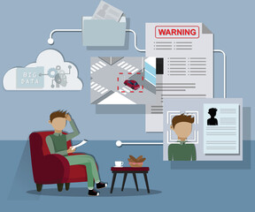 Flat design of internet of things concept,AI and cloud technology in human life,Police officer sent the warning to the house - vector