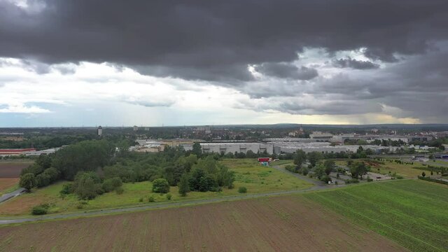 Drone video of the southern Hessian district town of Gross-Gerau during an approaching thunderstorm and heavy rainfall