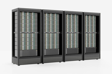 4 Server racks container isolated on white background. 3D illustration rendering.