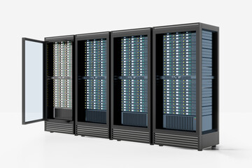 4 Server racks container open front door isolated on white background. 3D illustration rendering.