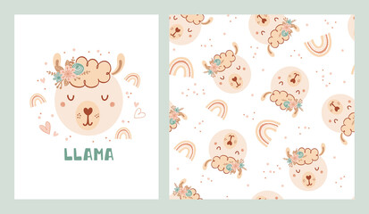 Set a cute poster and seamless pattern with lama, rainbow and poster with the lettering Llama. Collection animals and flowers in flat style for kids clothing, textiles, wallpaper. Vector Illustration © Irina Gubanova