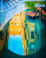 Fototapeta na wymiar Red orange boat on the water in the canal, against the backdrop of reflections of buildings and blue sky under vintage white the bridge Venice, Italy, artwork watercolor. 