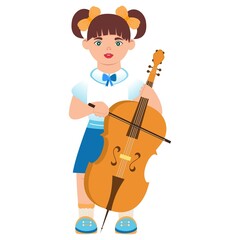 The girl plays the cello. Play a musical instrument. She studies at a music school. Vector.