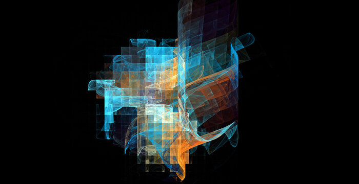 Abstract digital fractal artwork with unique smoky and glass-like blue and orange shapes
