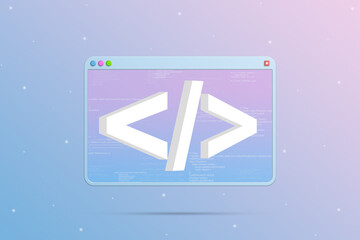 Browser window with programming icon and code elements on background 3d