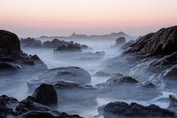 Rocky beach at dusk