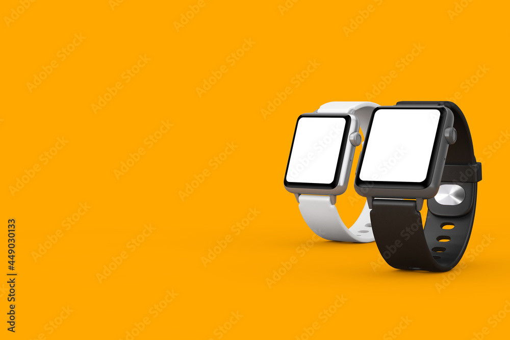 Poster black and white modern smart watch mockups and straps with blank screen for your design closeup. 3d 