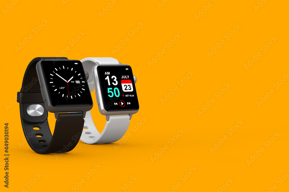 Poster two black and white modern smart watch with straps. 3d rendering