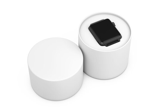 Black Modern Smart Watch Mockup and Strap with White Gift Box. 3d Rendering