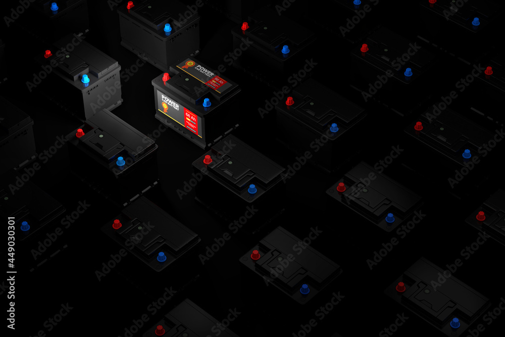 Aufkleber rows of rechargeable car battery 12v accumulators, one with abstract label. 3d rendering