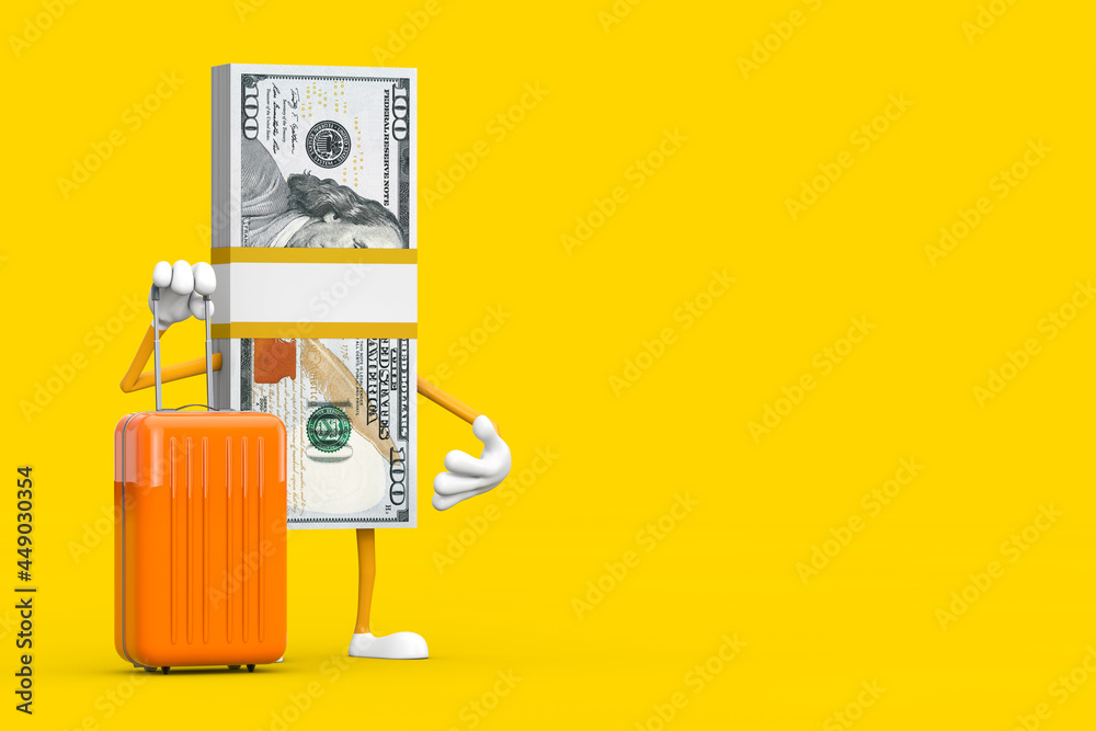 Aufkleber stack of one hundred dollar bills person character mascot with orange travel suitcase. 3d rendering