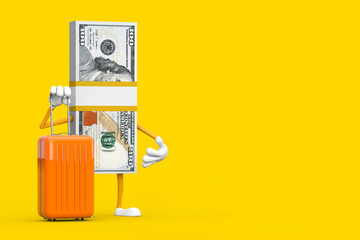 Stack of One Hundred Dollar Bills Person Character Mascot with Orange Travel Suitcase. 3d Rendering
