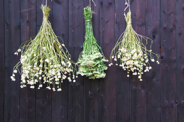 three bouquets of dried medicinal meadow herbs hang against the background of a black wooden wall
