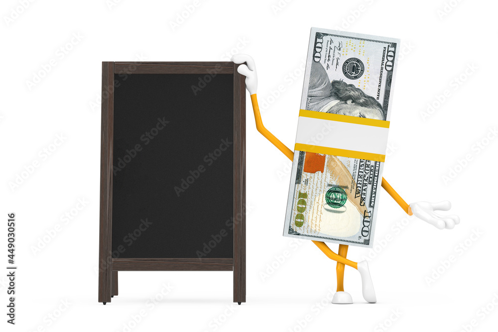 Aufkleber stack of one hundred dollar bills person character mascot with blank wooden menu blackboards outdoor