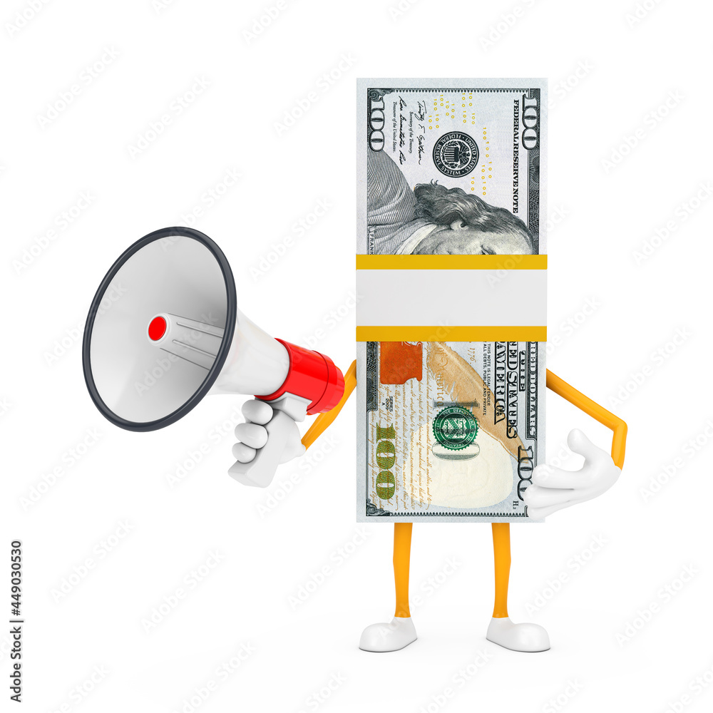 Leinwandbilder stack of one hundred dollar bills person character mascot with red retro megaphone. 3d rendering
