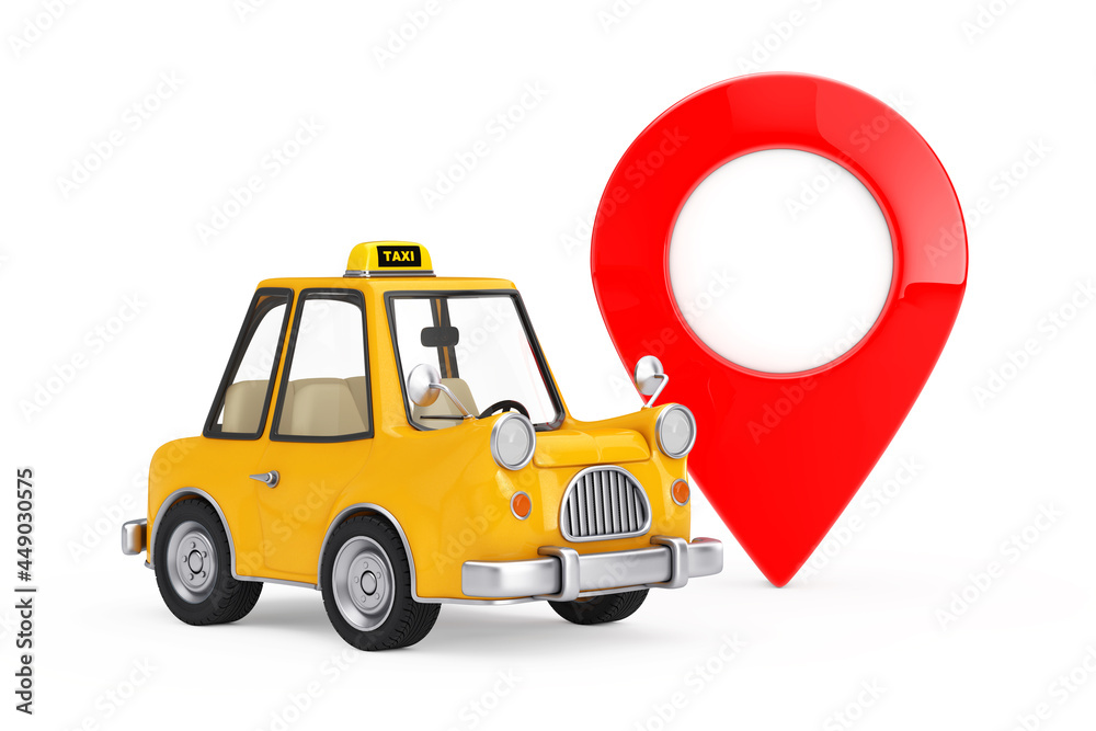 Poster yellow cartoon taxi car with red map pointer target pin. 3d rendering