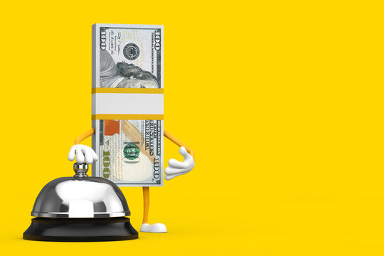 Stack of One Hundred Dollar Bills Person Character Mascot with Hotel Service Bell Call. 3d Rendering