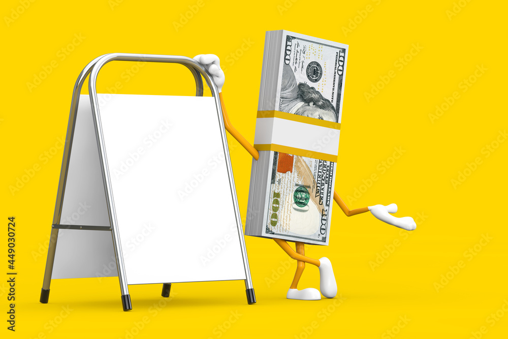 Poster Stack of One Hundred Dollar Bills Person Character Mascot with White Blank Advertising Promotion Stand. 3d Rendering