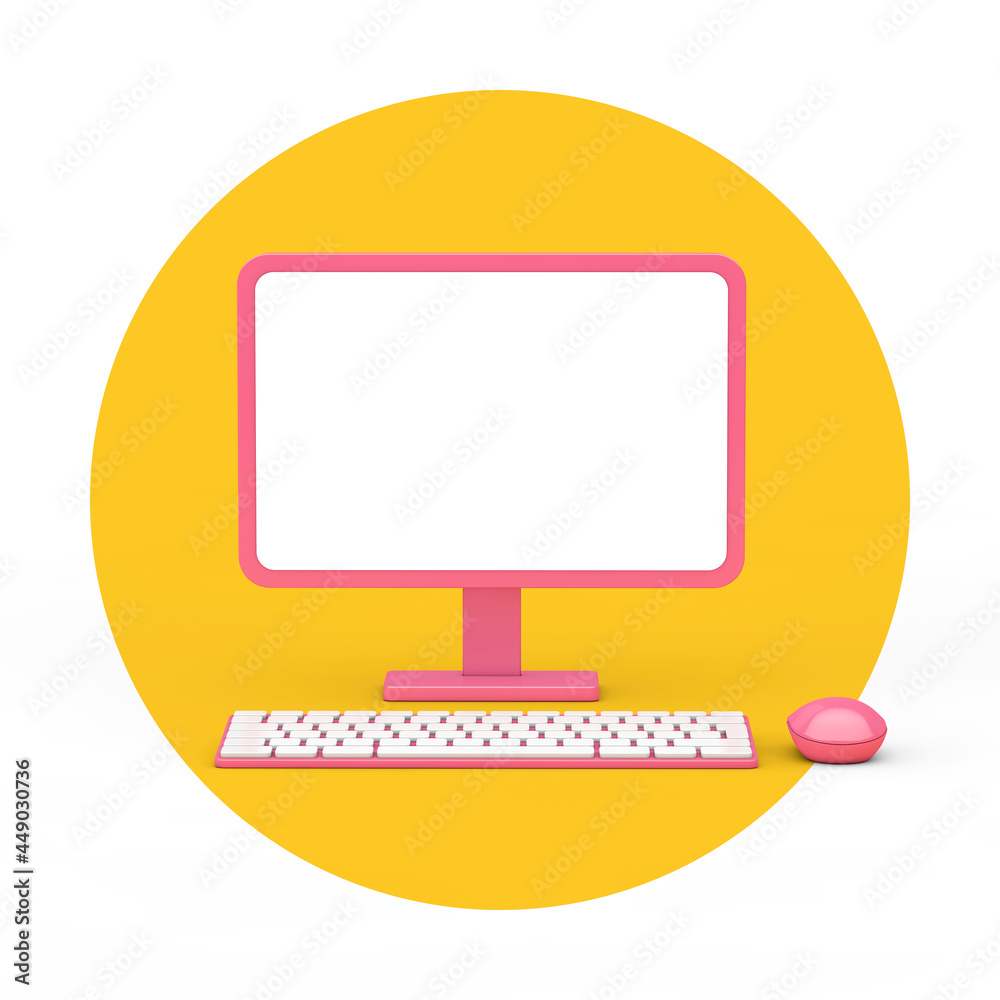 Leinwandbilder abstract cartoon pink desktop computer with mouse, keyboard and blank screen for your design in duot